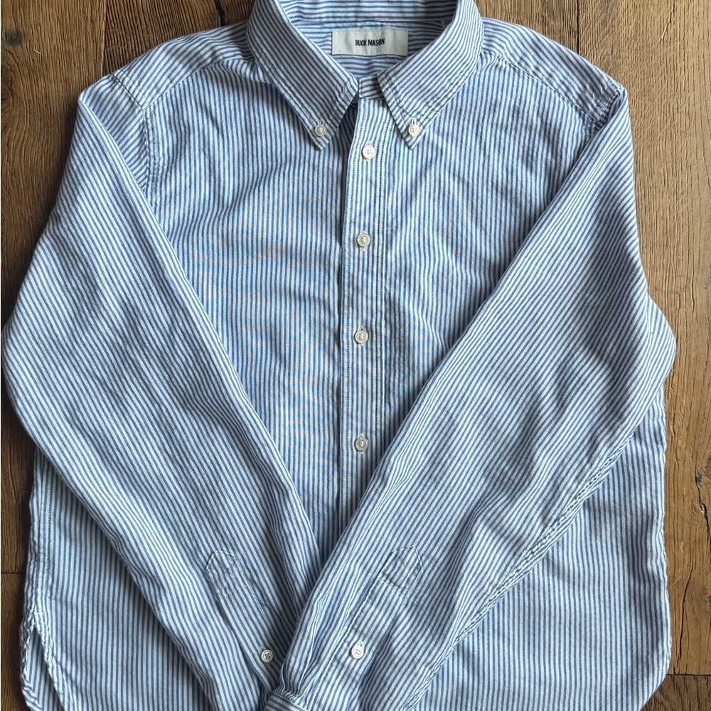 Buck Mason Shrunken Oxford Shirt Medium Blue White Pinstripe Coastal Preppy - Picture 4 of 4
